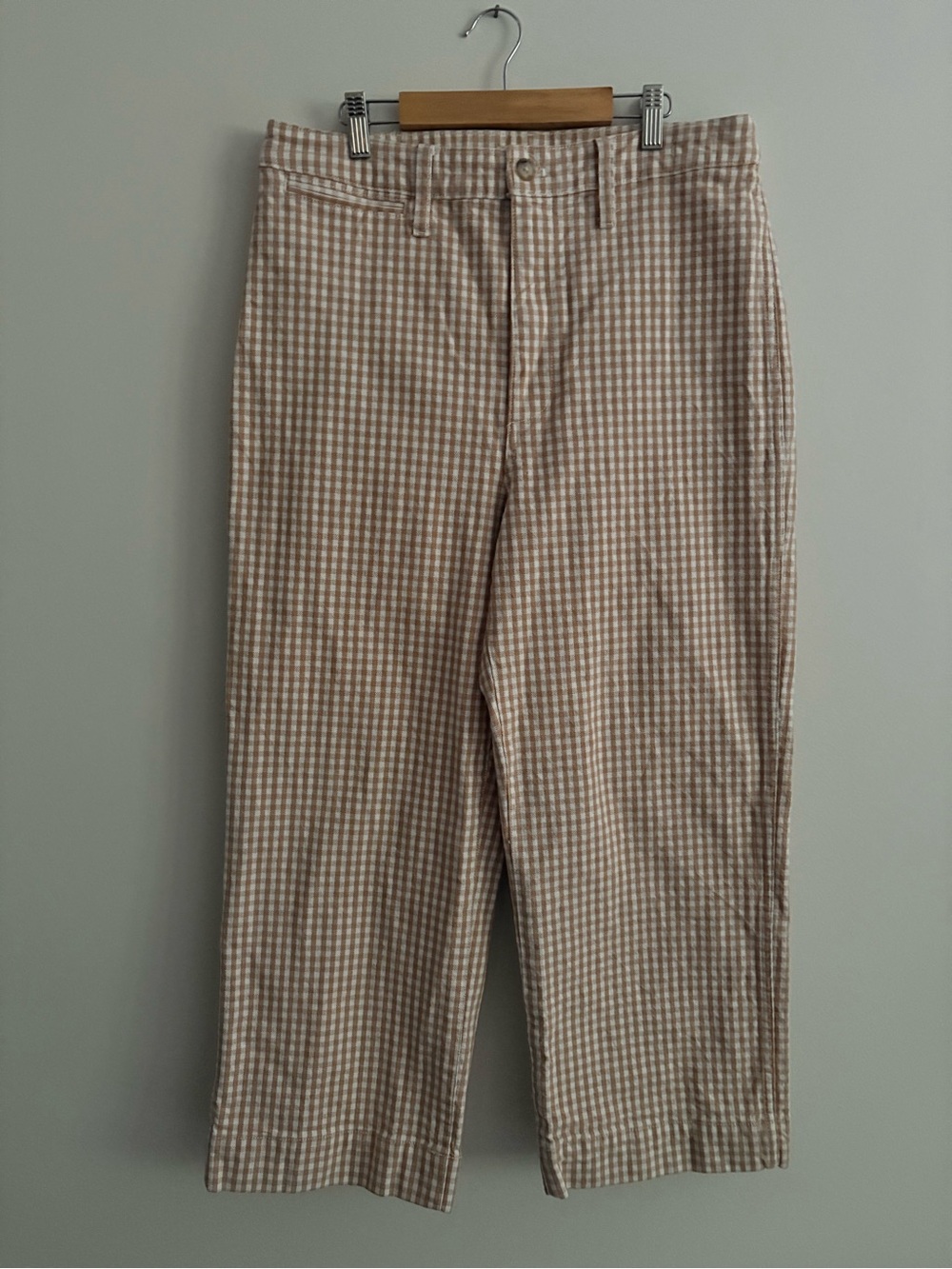 Madewell Slim Emmett Wide Leg Crop Pants Tan White Check Gingham Neutral Size 30
